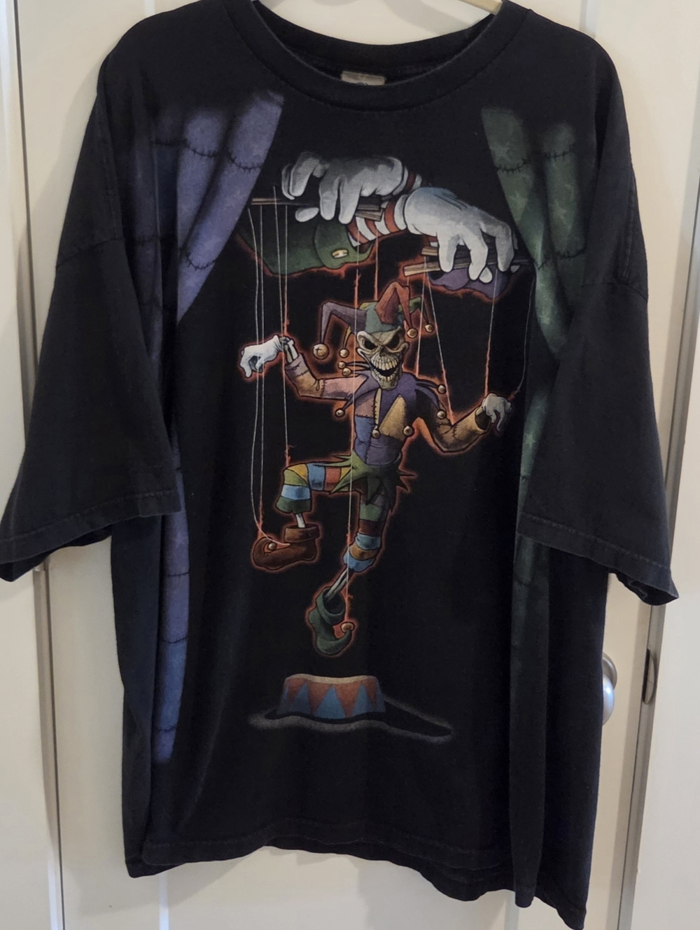 Vintage Y2K Liquid Blue Evil Clown Puppet T-Shirt Black - Size 4XL